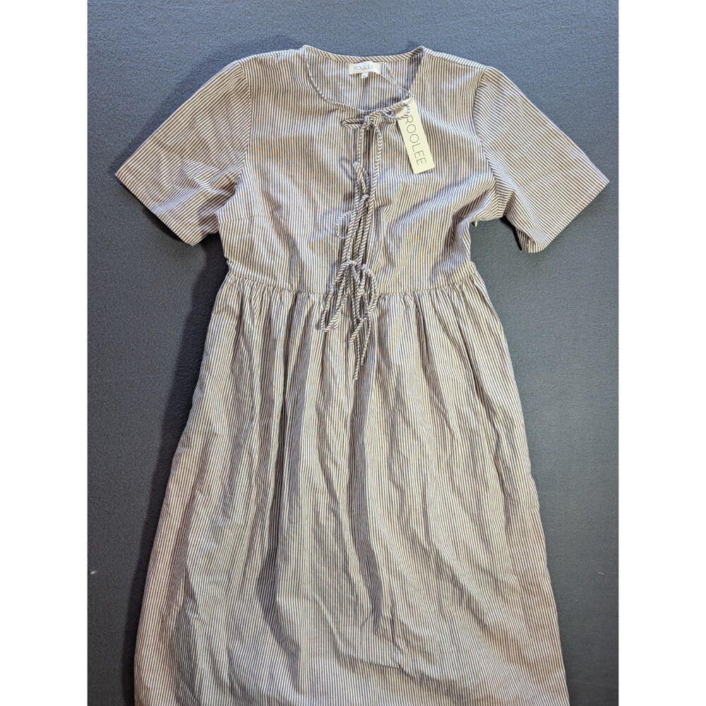 Roolee In My Dreams Front Tie Midi Dress Womenโs M Sienna Brown Stripe NWT